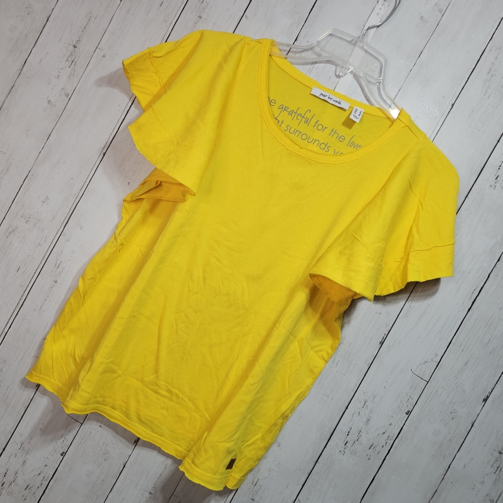 NWOT Peace Love World Women's Yellow Ruffle Sleeve Pima Cotton Knit Shirt Small. - Picture 2 of 10